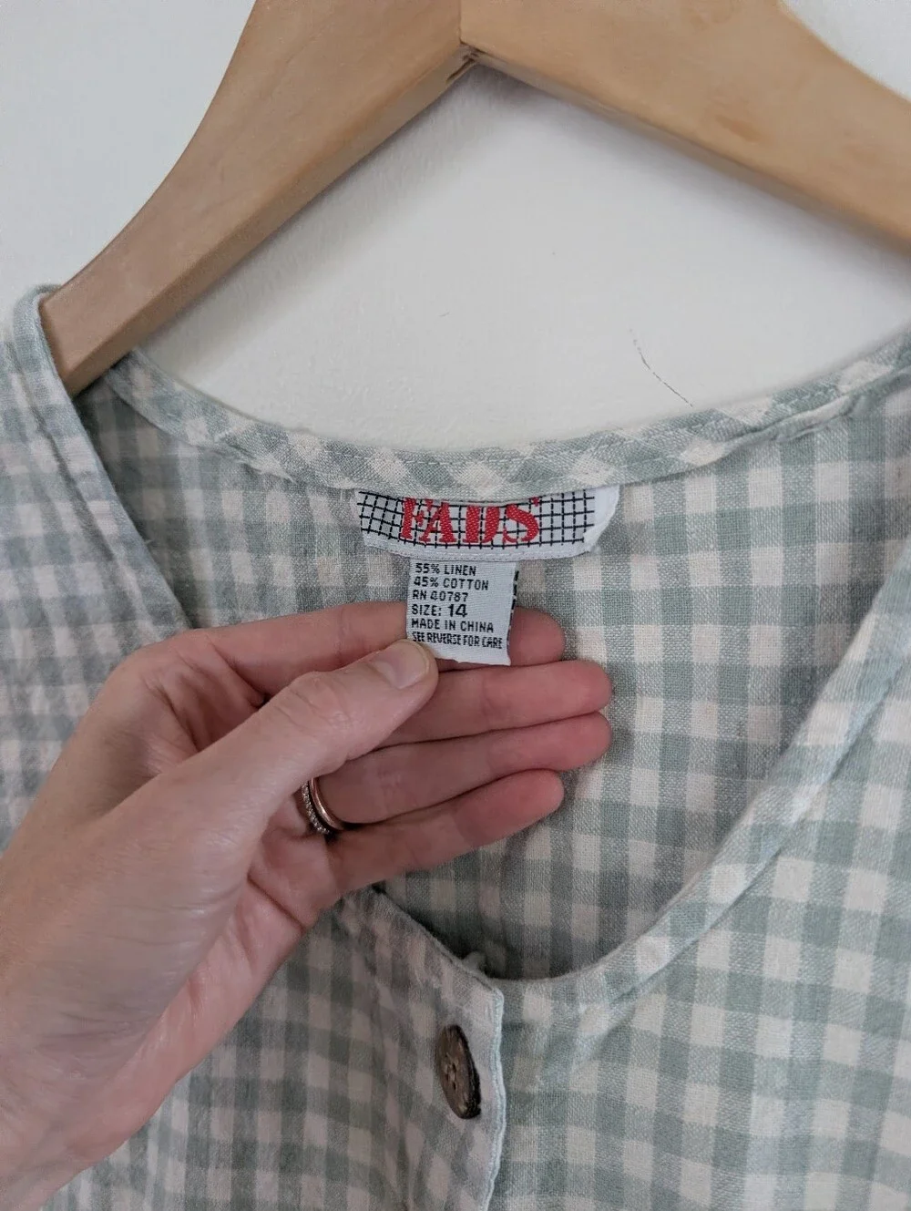 Vintage FADS 90s 1990s Sleeveless Light Green Gingham Button-Front Dress 14